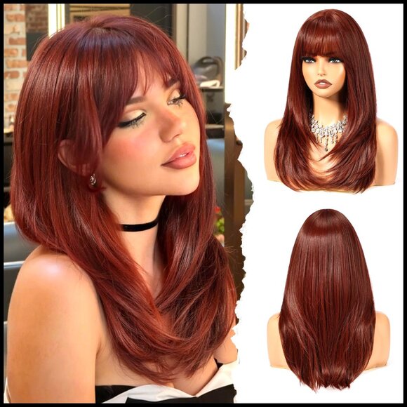 Layered Synthetic Wig with Bangs Heat Resistant Natural Look for Daily Wear